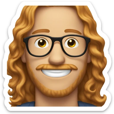 30 years old guy, with round glasses, blue eyes, long wavy hair ginger, moustache circular glasses sticker