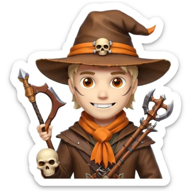 male human monster hunter emoji, wearing brown leather coat and wide hat, holding crossbow or rifle, with amulet shaped like skull, Halloween fantasy theme, confident smile, orange scarf, Apple emoji style, clean white background, square image sticker