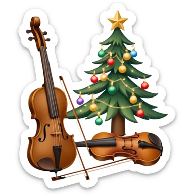 sapin de Noël décoré d'une guirlande lumineuse et de boules  avec un violon à la place du tronc et un petit singe perché au sommet en train de mettre l'étoile de Noël sticker