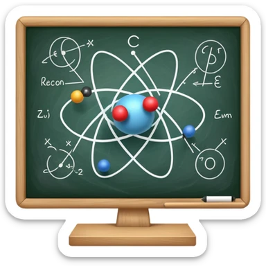 An icon featuring an atom model, a chalkboard with formulas, and a magnet with field lines, symbolizing physics. The design includes a pendulum, light waves, and circuit elements, representing the study of matter, energy, and forces. Transparent background highlights scientific sticker