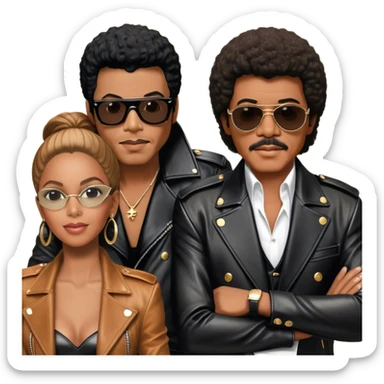 Michael Jackson in his black leather jacket, Beyoncé in a glamorous stage outfit, Lionel Richie in his classic look, Whitney Houston in her famous dress, and Ray Charles in black glasses sitting at a piano. Transparent background. sticker