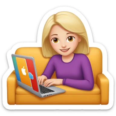 A girl is working with a laptop while lying on the sofa sticker