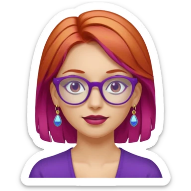 fai una signora con i capelli sia biondi che rossi con gli occhiali viola pieni di orecchini sticker