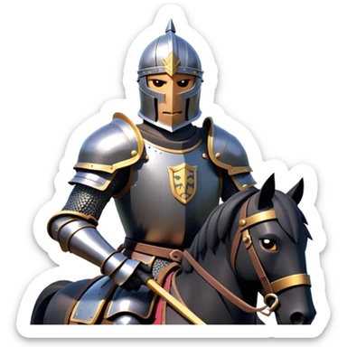 clash-of-clans-aesthetic_-cinematic-fearsome-and-majestic-knight-bust-portrait-emoji, rendered in a flat, vector-style with minimal shading and bold, simplified shapes, depicting a battle-ready medieval knight with steely eyes and intricate armor, mounted riding on a black warhorse reflecting sunlight over a misty battlefield. sticker