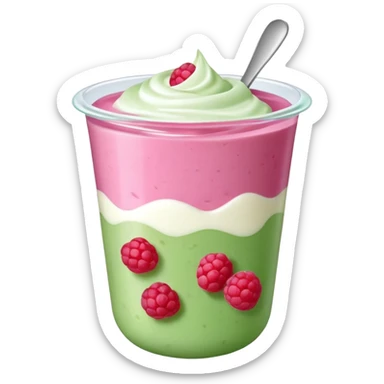 Fruits like yogurt, raspberries, probiotik, in 3d view, aesthetic! Show the green or pink colour sticker