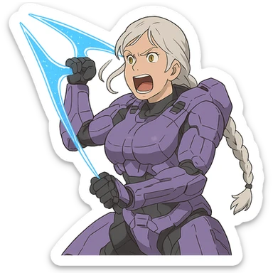 female, wearing reach spartan armor default, long white braid hair, gold yellow eyes, attention pose, HALO:series, no helmet, the armor is lavender color scheme, shoulder pad off. DDD bust size fitting. Punk gothic cyberpunk, brandishing a covenant energy sword, preparing to swing and yelling sticker