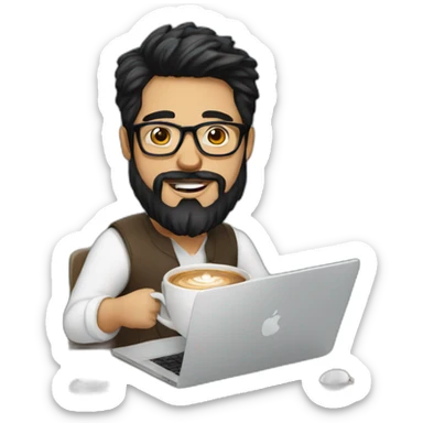 Designer with black hair, beard and glasses working with MacBook and drinking cappuccino  sticker