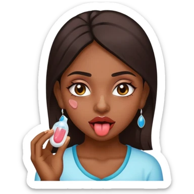 make a tongue sticking out expression for this indian girl that has transparent under eye gel patches sticker