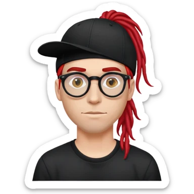 white man with red dreadlocks, wearing a black t-shirt, a black baseball cap with a straight ponytail and red round glasses sticker
