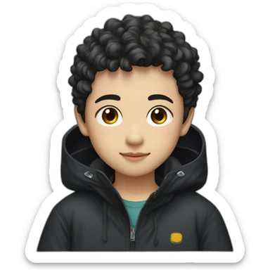 Chinese boy with short and slightly naturally curly hair wearing a black oversize waterproof jacket sticker