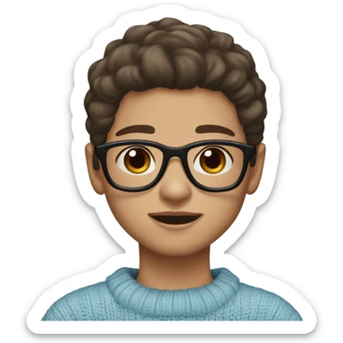 white light skin, long straight dark brown hair, light blue eyes, girl wearing aesthetic dark red sweater, glasses, sticker