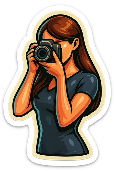 Edit the image of the girl in retro sticker style with clear bold outlines, expressive shadows and highlights. Dress the girl in fitted, figure-hugging clothing that shows her silhouette instead of oversized clothing. Remove any flowers. Keep the focus on the girl and the camera, emphasizing the clothing's silhouette and the camera details. sticker