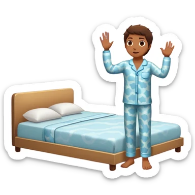A person stands beside their bed, rolling out groggily with determination. The bed behind them is neatly made, a mirror in front of them shows them high-fiving their reflection. A glowing sunrise outside signals the start of a productive day. sticker