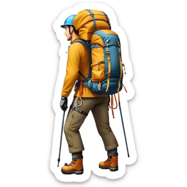 Icon for Mountain Tourism and Climbing: a mountain peak in the background, climbing gear and backpack. The icon should capture the adventure and challenge of alpine exploration. Transparent background. sticker