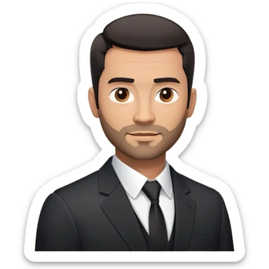 Good-looking robust man in his mid-40s with light brown skin tone, short black hair with evident fade cut, 5 o'clock shadow/scruff instead of beard, strong square face, approachable TV host expression, black blazer left open showing white buttoned shirt sticker