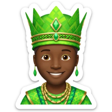 Create me an emoji of a cool Young Nigerian king wearing a neon green gradient African patterns with metallic "hula hat" (a Nigerian-inspired hat).  sticker