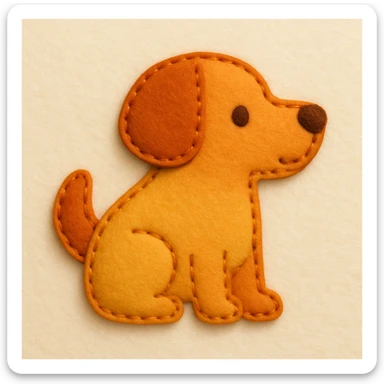 Minimal felt appliqué icon of a dog with soft, handcrafted felt look, lightly padded forms, simple shapes, clean outlines, medium-thickness orange or brown stitched edge, soft matte felt texture, warm yellows, oranges, and browns, small round eyes, simple nose, minimal mouth, subtle shadows, soft lighting, front or side profile, neutral off-white background sticker