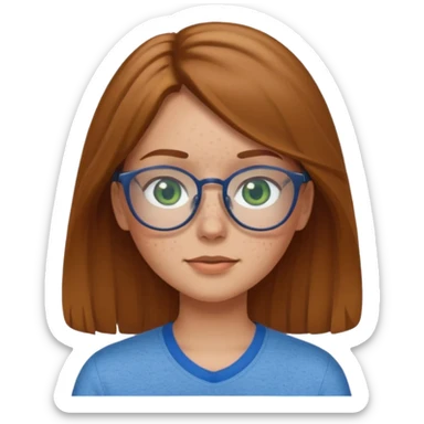 Create an emoji of a girl with light brown hair medium length hair, green eyes, freckles, glasses and wearing a blue shirt sticker