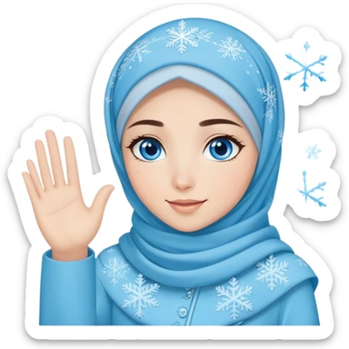 Turkish beautiful finish Konya girl blue eyes with light blue winter design hijab islamic dress and had on her hand snowflakes and she wave one's hand sticker