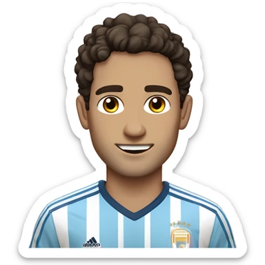 Slender, dark-haired man, around 30 to 40 years old, brown eyes, short hair on the sides, slightly longer and somewhat curly on top, waving friendly while wearing an Argentina national team jersey sticker