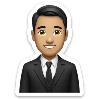 The person in the image has short, dark hair and a clean-shaven face. He has a friendly smile and is wearing a black suit and white shirt. sticker