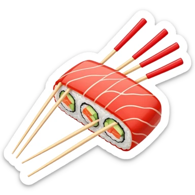 Japanese cuisine humanless avatar in minimalist emoji-style illustration. Sushi, roll and 2 chopsticks, clean lines, red white colors, flat design, calm and modern. sticker