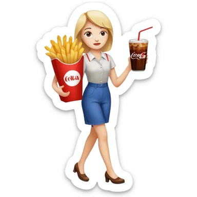 a young woman full length with cola in one hand and french fries in the other hand and a painting under her arm walking left sticker