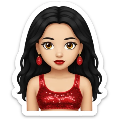 Jade from Bratz with long black hair, light skin, brown eyes, red sequin crop top sticker
