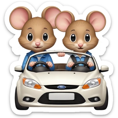 Two mouses, one girl and one boy drive a white ford focus card sticker
