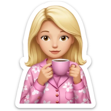 A blonde woman in pink pajamas wakes up to drink coffee. sticker