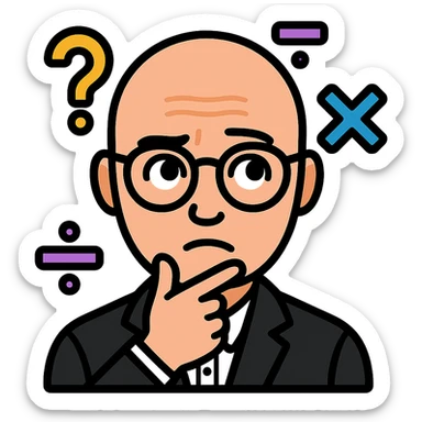 Add a thinking expression to the bald man with glasses surrounded by math symbols, keep the background transparent. sticker