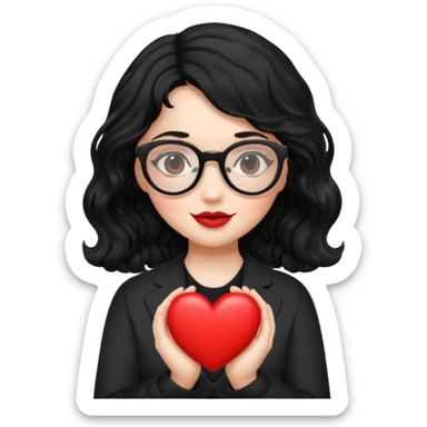 niña con pelo ondulado color negro con lentes negros y tenga un corazon en la mano sticker