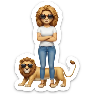 friendly anthropomorphised female lion character, full body, standing confidently with legs shoulder width apart and arms folded, wearing jeans, a white t-shirt, and dark sunglasses, with a confident smile sticker