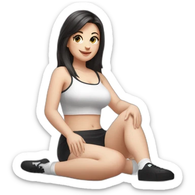 Front view full body curvy caucasian beauty sitting on the floor straight hands up black skirt white knickers white socks sticker