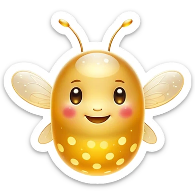 Cinematic tiny glowing firefly, round and chubby, soft golden light, tiny happy face, gentle floating motion, surrounded by dreamy sparkling dots. sticker