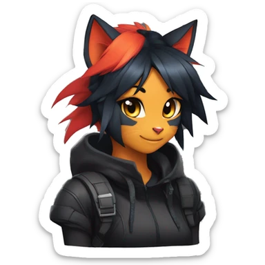Edgy Shy Anthro boyish cool pretty dark black Litten-Pokémon-cat-fursona-animal techwear ponytail sticker