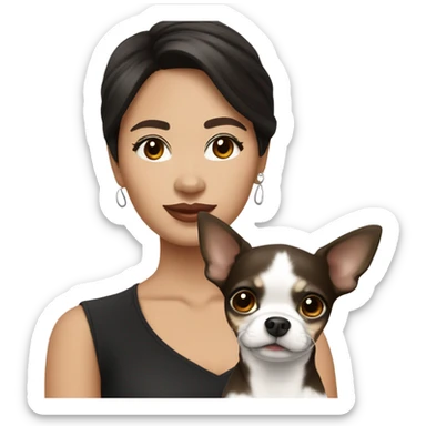 Wavy dark brown short hair Filipino lady with black and white Chihuahua  sticker