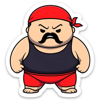 Close-up of morbidly obese white skin guy with young face, prominent BLACK DURAG tied clearly on head, distinct black beard and mustache, no muscle, black eyes in a red and black wrestling singlet with angry face sticker