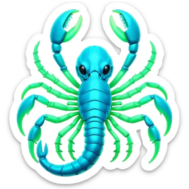 3D render of Radioactive Scorpion, bioluminescent deep sea style, glowing neon blue and green lights, dark background to contrast the glow, translucent organic textures, more emission. sticker