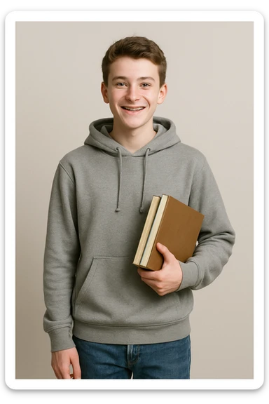 white teenage boy student, wearing a hoodie and jeans, smiling, holding books, simple background sticker