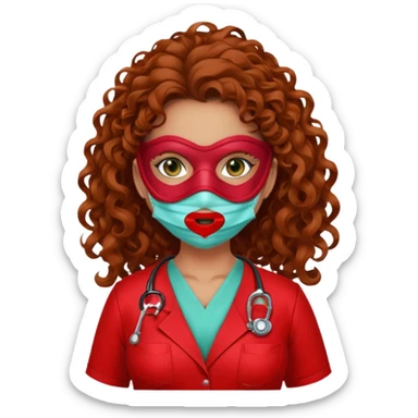 Sensual Spanish Lilith core evil surgeon.red outfit.  Surgeon has hazel-green eyes. Her hair is BROWN. Hair is also  long and  curly. wearing a sexy surgeon outfit with platform  heels.she is a calculated killer. She covers only her mouth and nose with mask to hide identity carries  sticker