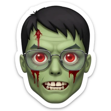 homem zumbi de óculos cabelo preto com muita olheira deixar pele dele verde dentes brancos e olhos vermelhos e ensanguentados deixar óculos quadrado e preto e olhos cheio de veias vermelhas e encher o rosto de piercings colocar piercing em todo rosto sticker