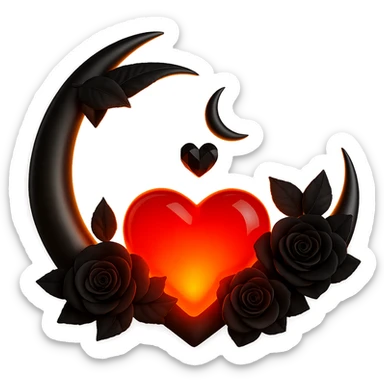 Add a glowing effect to the red glass heart, keep the silver crescent moon and small black roses, gothic and luxurious, in a 3D emoji-inspired style. Remove the background. sticker