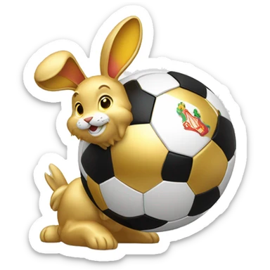 A multi-angle logo in the middle with a golden rabbit holding a soccer ball. with the inscription "Liverpool" on top sticker