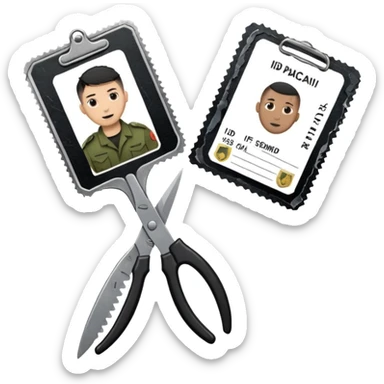 Floating black Scissors cutting in half an idf soldier ID card in 2 parts .hyper realistic sticker