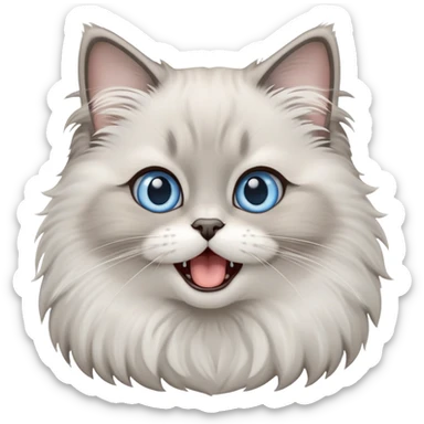 cinematic-adorable-big-eyed-fluffy-grey ragdoll-cat-portrait-emoji,-head-tilted-playfully-with-a-cute,-yawn,-white and grey fur,-simplified-yet-irresistibly-cute-features, blue eyes sticker