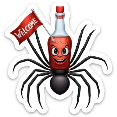 wesoły śmieszny pająk z butelka jadu i banerem witaj  sticker