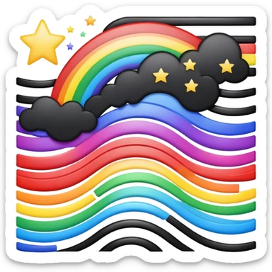 Wavy black rectangle with white stars in the corner and six horizontal rainbow stripes separated by thin black lines sticker
