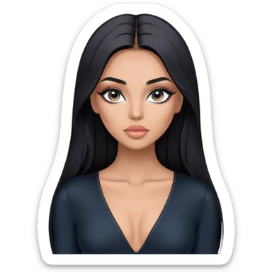 Glamours, tanned, very beautiful girl, with big pump peach-beige-rose lips, eyeliner, long lashes, black straight smooth silky long hair, straight parting hair, blue-grey eyes, in black v-neck bodysuit sticker