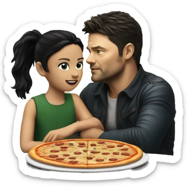 karl urban sitting at a table eating pizza with small white girl with black hair sticker